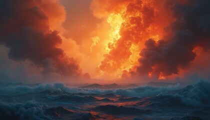Fototapeta premium Dramatic storm clouds burn orange and red over dark churning ocean waves. Intense fire and smoke fill sky creating sense of impending doom. This image shows destruction. Weather conditions worsen.