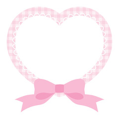 リボンがついたかわいいハートのレースフレームのベクターイラスト。飾り、ギンガムチェック、ピンク