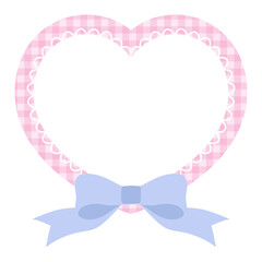 リボンがついたかわいいハートのレースフレームのベクターイラスト。飾り、ギンガムチェック、ピンク