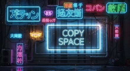 Vibrant neon signage illuminates a gritty, urban setting with space for text