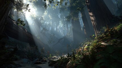 Sunlight streaks through ancient redwood forest with a gentle stream flowing through dense foliage