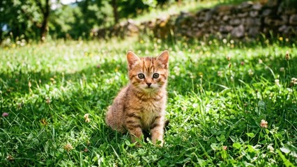 Small kitten looking at the camera while sitting on vibrant green grass