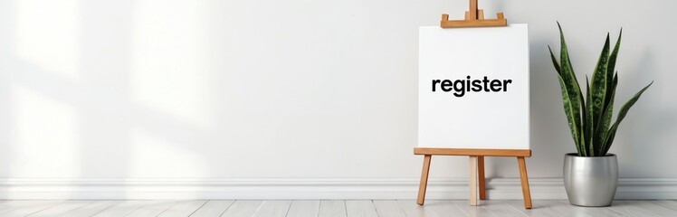 Clean interior scene with easel displaying word register. Potted plant adds dash of green to minimalist space. Suitable for event signup or business call to action.