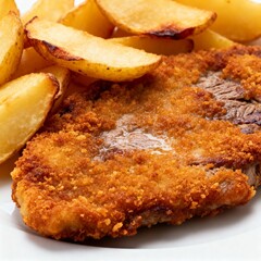 Argentine meat milanesa with potatoes isolated on white background