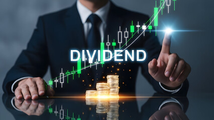 Businessman touching rising stock market graph with dividend text and coin stack for shareholder profit concept