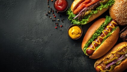 Vibrant photo of Assorted gourmet hot dogs and hamburger with condiments on dark textured background