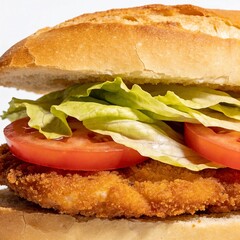 Traditional argentine milanesa sandwich with breaded meat, lettuce and tomato