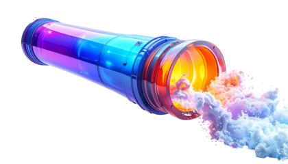 Cylindrical engine spewing colorful smoke. Metallic finish and a bright core