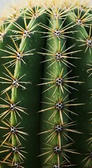 Extreme close up of desert succulent surface showing vertical ribs and sharp spines covered in tiny water droplets
