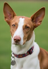 Purebred canine portrait displays upright ears and a distinctive white and tan coat coloration