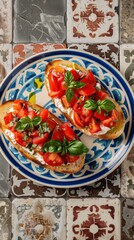 Bruschetta Sandwiches Tomato Cream Cheese Basil Printed Tile Top View