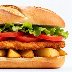 Breaded fried chicken sandwich with potatoes
