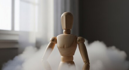 Wooden  mannequin torso emerges from a low-lying cloud of white vapor in a dimly lit interior setting.