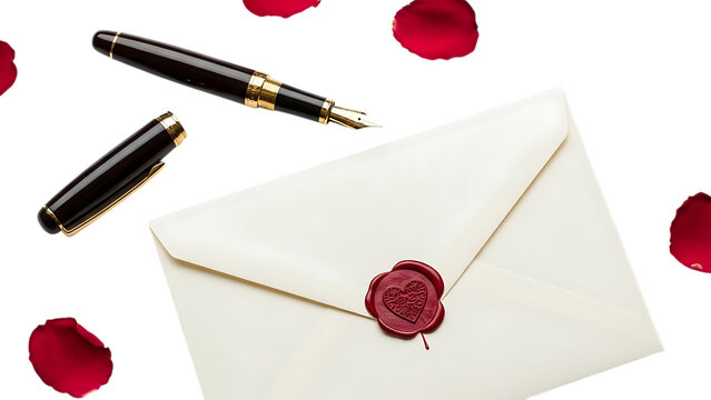 A romantic letter setup with a pen and sealed envelope on a black background