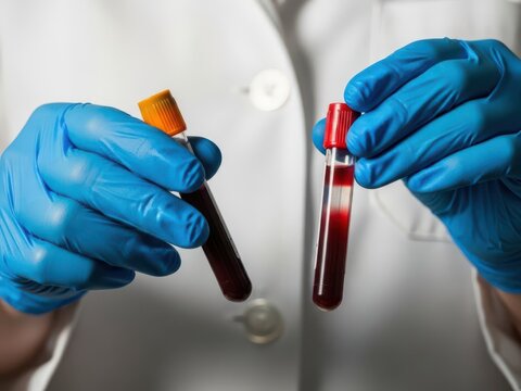 Medical professional holding blood samples in laboratory setting with gloved hands - Powered by Adobe