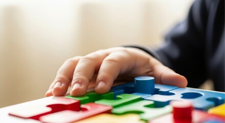 Naklejka premium Child's hand placing a bright green piece into a shape sorter puzzle, promoting early childhood development and learning.