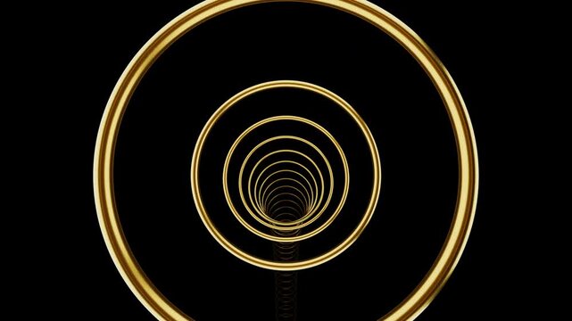 3D animation of falling down through a golden ring tunnel, vertical luxury abstract loop
