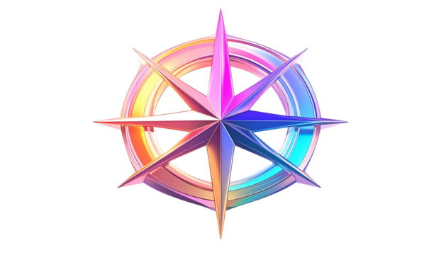 Shiny, iridescent compass rose with eight points against black background - Powered by Adobe