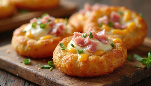 Savory fried dough baskets hold creamy filling topped with chopped ham and green onions. Golden brown pastries served on rustic wood board, perfect for appetizers.