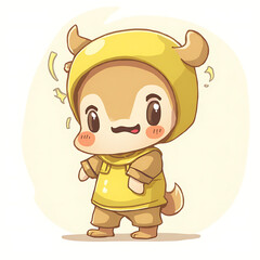 Naklejka premium Adorable Cartoon Character in Yellow Hooded Outfit with Cute Antlers, a Whimsical Illustration