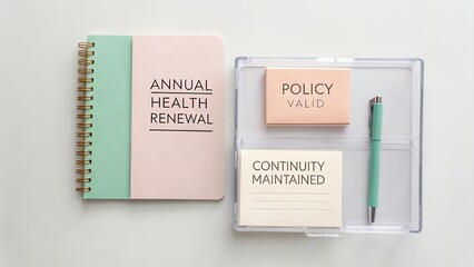 Professional Annual Health Renewal Concept with Notebook, Policy Card, and Document Holder on Minimalist Background