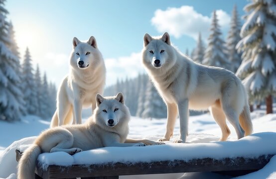Three white arctic wolves rest in a snowy forest under a clear blue sky. One wolf lies down while two stand, looking alert. Their thick fur blends with the winter landscape.