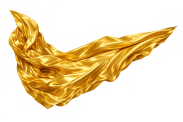Gold silk fabric flying and flowing, creating elegant ripples and shiny smooth folds with a transparent background