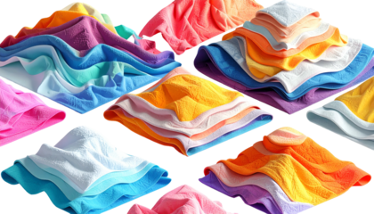 Vibrant stacks of folded textiles arranged in an abstract, colorful pattern