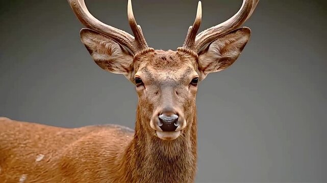 Close-up front view of a male deer with antlers looking directly at the camera on a plain background