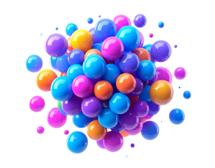 A cluster of colorful spheres floats against a black background