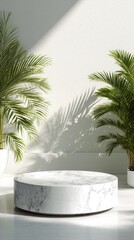 Vibrant photo of Marble round pedestal for product display with green palm plants and shadows on white wall