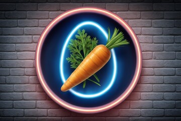 A bright neon egg outline frames a realistic carrot against a moody brick wall, blending festive energy with healthy food symbolism for holiday menus, posters, or bar signage.