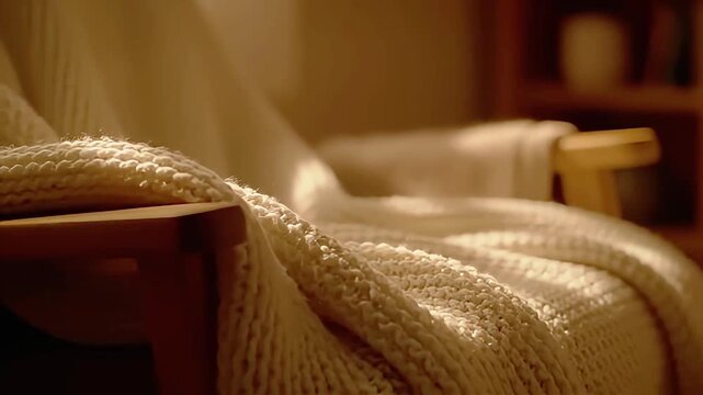 Close-up of a cozy white knit throw blanket draped over a wooden armchair, bathed in warm sunlight, creating a comfortable home atmosphere.