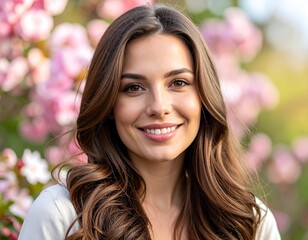 Portrait of a woman smiling radiantly, framed by blooming pink flowers