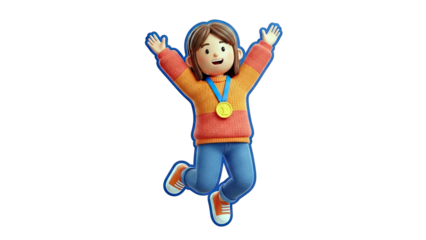 3D Cartoon Girl Celebrating Victory with Gold Medal