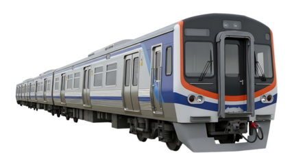 A modern train with sleek design and vibrant colors on a black background