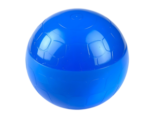 A vibrant blue plastic ball with a geometric design