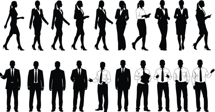 Set of black vector silhouettes featuring business men and women standing and walking in formal corporate suits for design projects.
