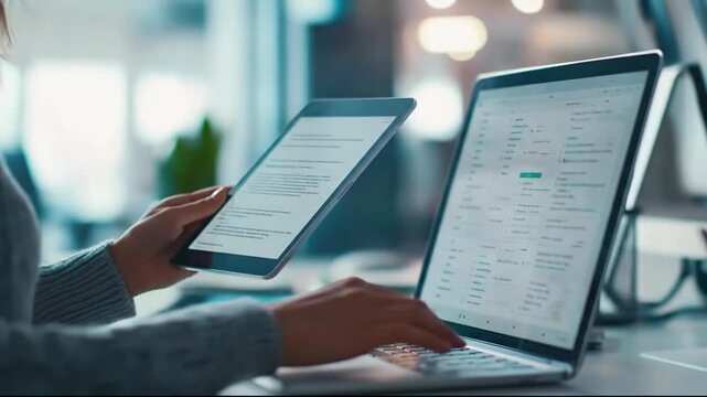 Person using tablet and laptop for work, modern office, digital technology concept