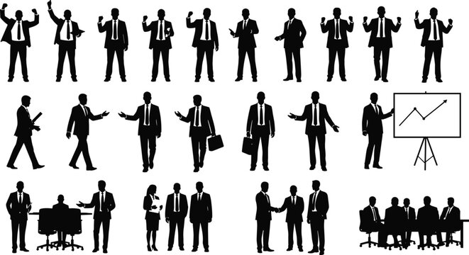 Set of business people silhouettes in various office poses like meeting shaking hands and presenting isolated on white background for corporate