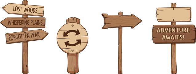Set of Cartoon Style Wooden Directional Road Signs on Posts with Arrows and Texts Like Lost Woods, Perfect for Adventure Game Design Elements, Vector Illustration © its