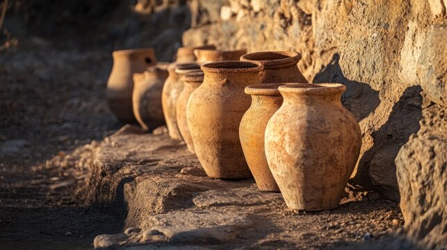 Terracotta pottery jars arranged outdoors
