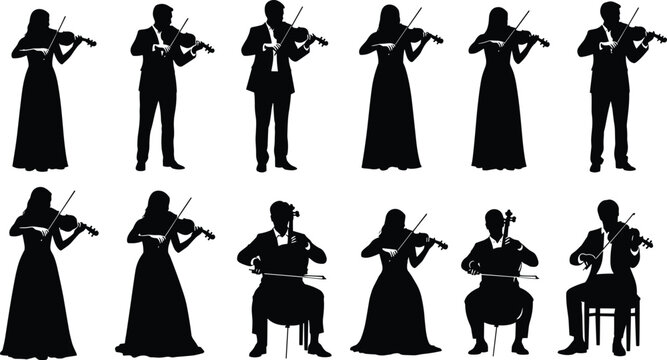 Set of Classical Musician Silhouettes, Violinists and Cellists in Formal Performance Attire for Orchestra Concert Posters, Musical Event Design, Black Vector