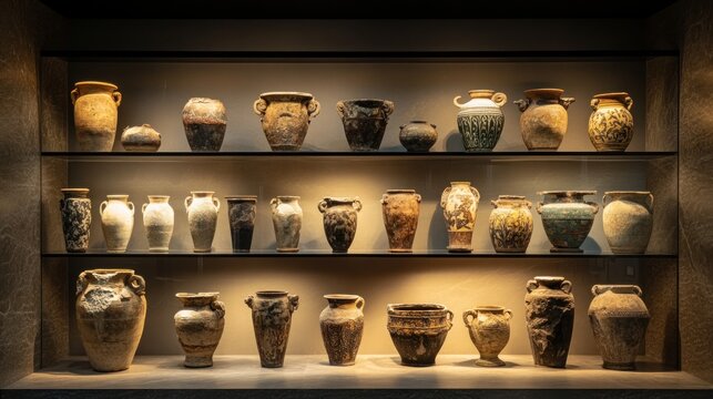 Ancient pottery display.  Various antique earthenware jars and vessels on museum shelves