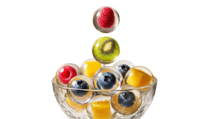 Bowl of fruit with a variety of fruits including kiwi, blueberries. isolated illustration on transparent background