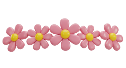 Five plump, soft-geometry, vibrant pink stylized daisy flowers with yellow centers arranged horizontally on a stark white background; high-gloss 3d render. concept of kawaii spring decoration