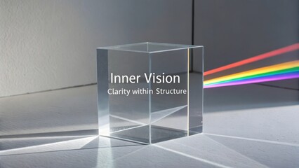Inner Vision Concept Featuring Clear Cube Prism with Rainbow Light Spectrum Projection on White Surface