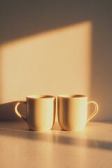 Warm beige coffee mugs in cozy morning light