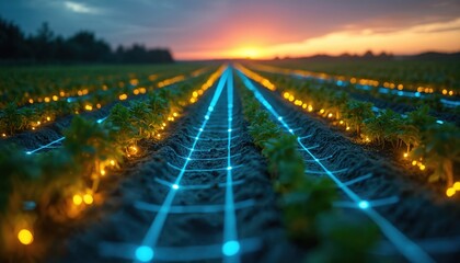 Rows of young plants illuminated by blue and yellow lights at dusk. Digital grid overlays field, showing advanced agritech monitoring for optimal crop growth and better yields.