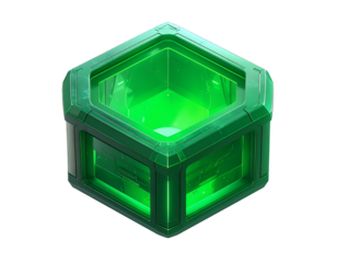 A futuristic, glowing green geometric container with a hexagonal top opening